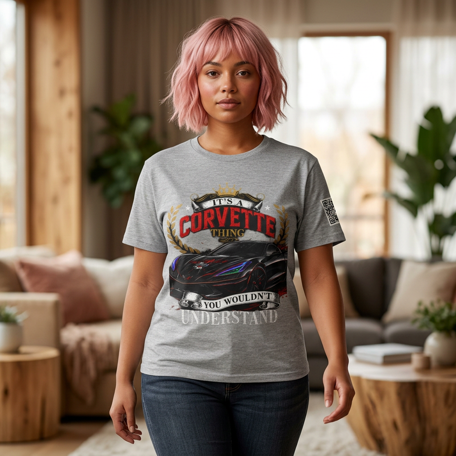 Black Widow Corvette C8 Tee with snarling Corvette graphic and molten orange highlights on lightweight black crew neck shirt