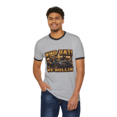 Black Who Dat We Rollin' Ringer Tee with fleur-de-lis and Black Widow Performance emblem