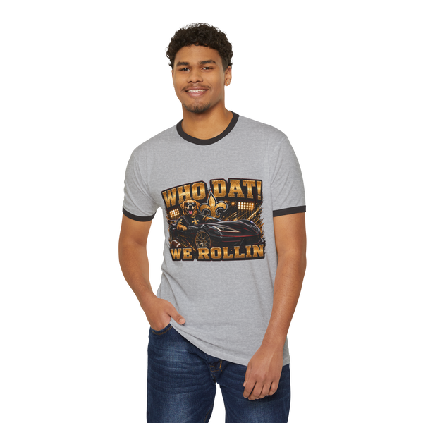 Black Who Dat We Rollin' Ringer Tee with fleur-de-lis and Black Widow Performance emblem