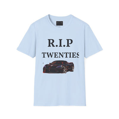 Black Widow Corvette R.I.P. Twenties vintage style t-shirt with nostalgic 1920s print and size guide table