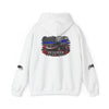 Cozy Veteran ’Merica Car Flag Hoodie with patriotic Corvette and distressed flag design, midweight cotton-poly fabric, kangaroo pocket, and adjustable hood.