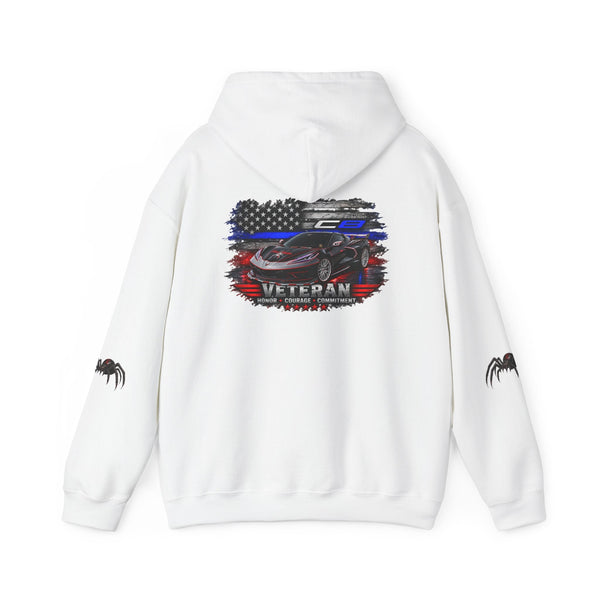 Cozy Veteran ’Merica Car Flag Hoodie with patriotic Corvette and distressed flag design, midweight cotton-poly fabric, kangaroo pocket, and adjustable hood.