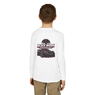 Youth Long Sleeve Tee — 'Be Nice You Jerk' Spider Graphic Front & Black Widow Performance Car Back