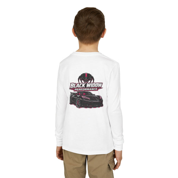 Youth Long Sleeve Tee — 'Be Nice You Jerk' Spider Graphic Front & Black Widow Performance Car Back