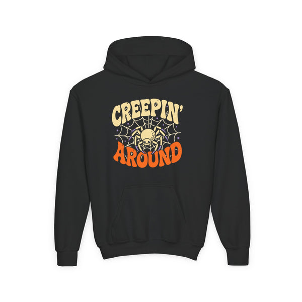Youth Hoodie – "Creepin' Around" Halloween Spider Skull Design