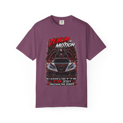 Black Venom in Motion Corvette C8 T-Shirt with coiled spider and Black Widow Performance design