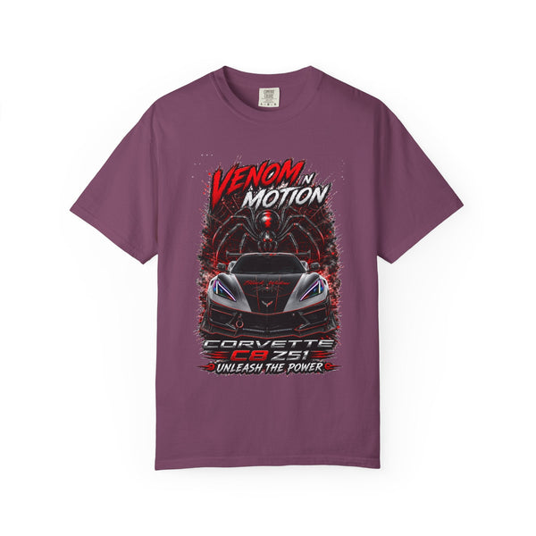 Black Venom in Motion Corvette C8 T-Shirt with coiled spider and Black Widow Performance design