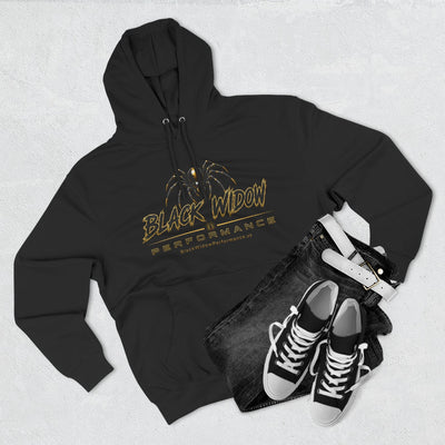 Black Widow Performance Hoodie in black with spider logo and bold Game Day racing graphics