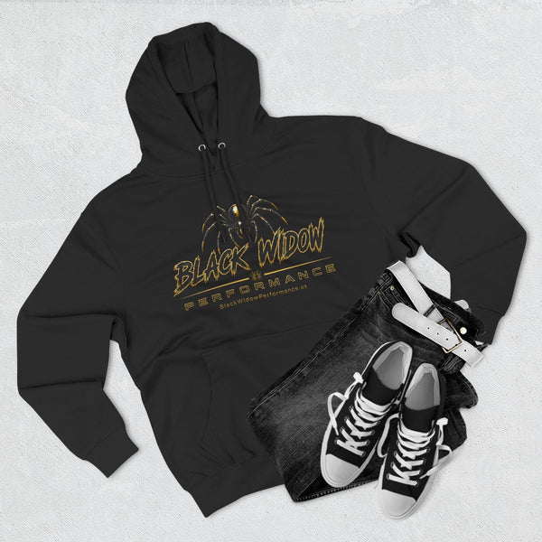 Black Widow Performance Hoodie in black with spider logo and bold Game Day racing graphics