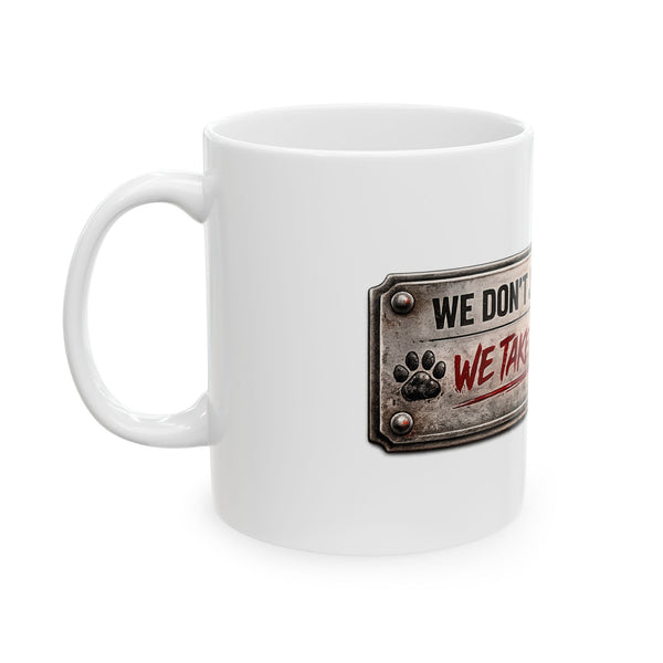 White ceramic mug with handle, available in 11oz and 15oz, personalized design options, dishwasher and microwave safe