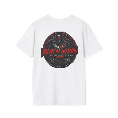 Black Widow Corvette R.I.P. Twenties T-shirt with vintage 1920s design and size guide table