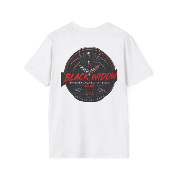 Black Widow Corvette R.I.P. Twenties T-shirt with vintage 1920s design and size guide table