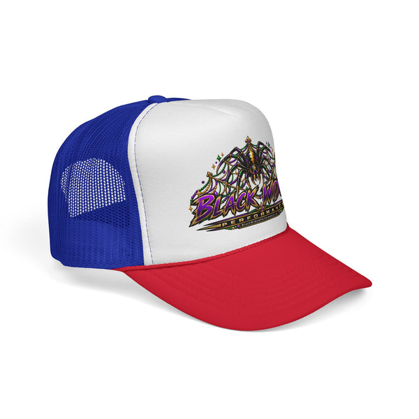 Black Widow Performance Trucker Hat — Retro Skull & Arachnid Mesh Cap