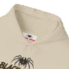 Black Widow Performance Hoodie with racing graphic and spider accents on sleeves