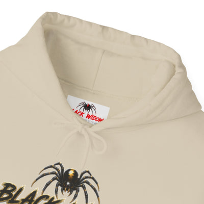 Black Widow Performance Hoodie with racing graphic and spider accents on sleeves