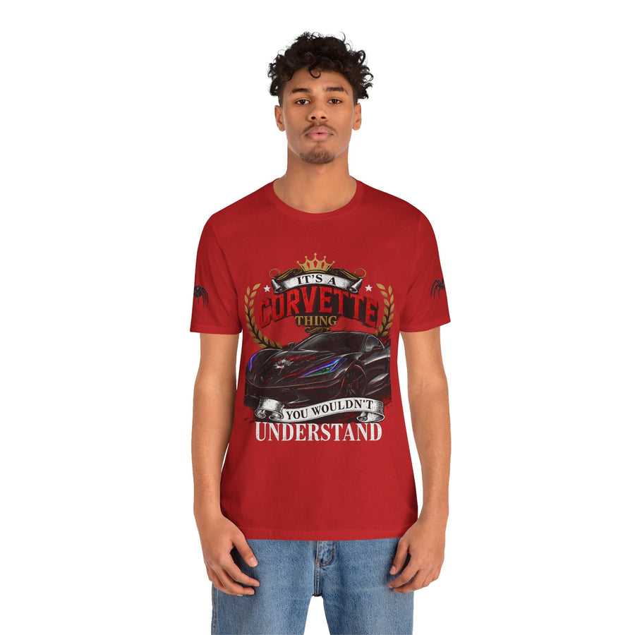 Black Widow Corvette C8 Tee with snarling car graphic and molten orange highlights on lightweight black crew neck shirt