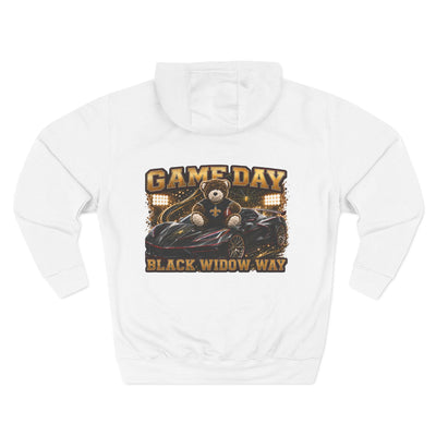 Black Widow Performance Hoodie with spider logo, kangaroo pocket, and Game Day Racing graphics