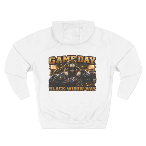 Black Widow Performance Hoodie with spider logo, kangaroo pocket, and Game Day Racing graphics