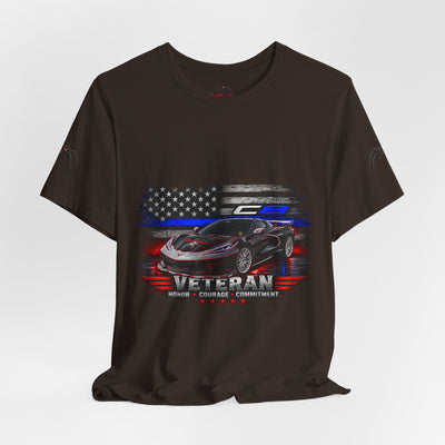 Black Veteran Corvette C8 Tee with bold Black Widow Performance graphic on black cotton shirt