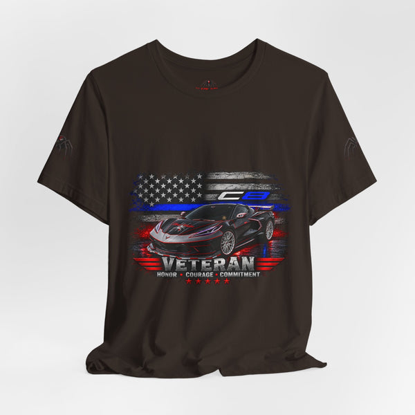 Black Veteran Corvette C8 Tee with bold Black Widow Performance graphic on black cotton shirt