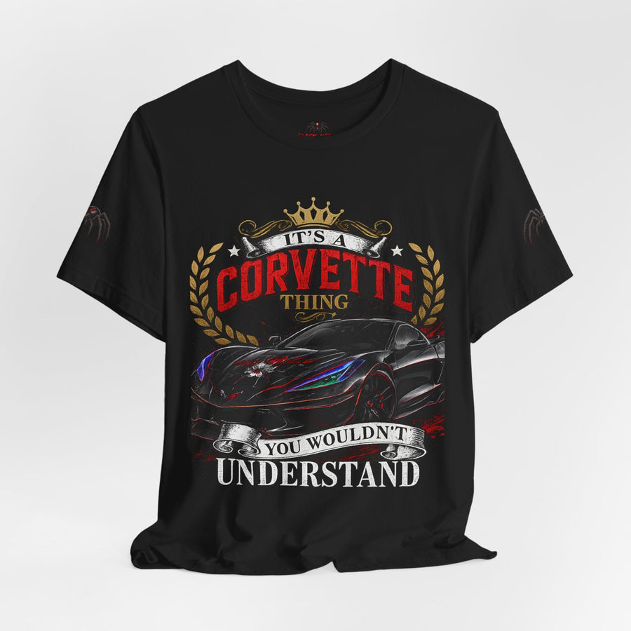 Black Widow Corvette C8 Tee with snarling Corvette graphic and "Unleash the Power" text on lightweight black crew neck shirt