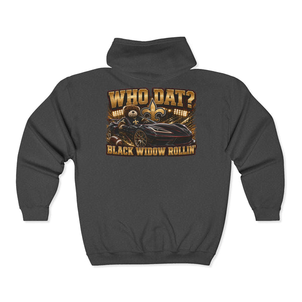 Black Widow zip hoodie in Saints colors with racing streetwear design and bold graphics