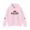 Black Widow Performance Hoodie with racing graphic and spider accents, 50/50 cotton-poly blend pullover.