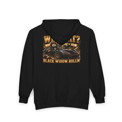Black Widow Black zip hoodie with racing streetwear design in Saints colors