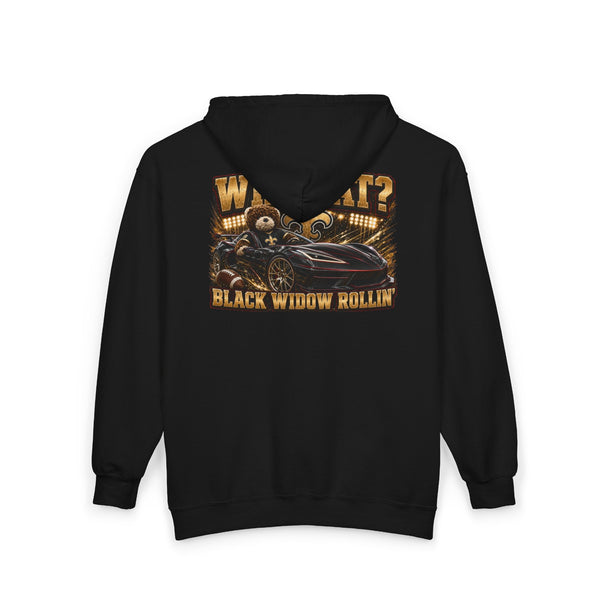 Black Widow Black zip hoodie with racing streetwear design in Saints colors