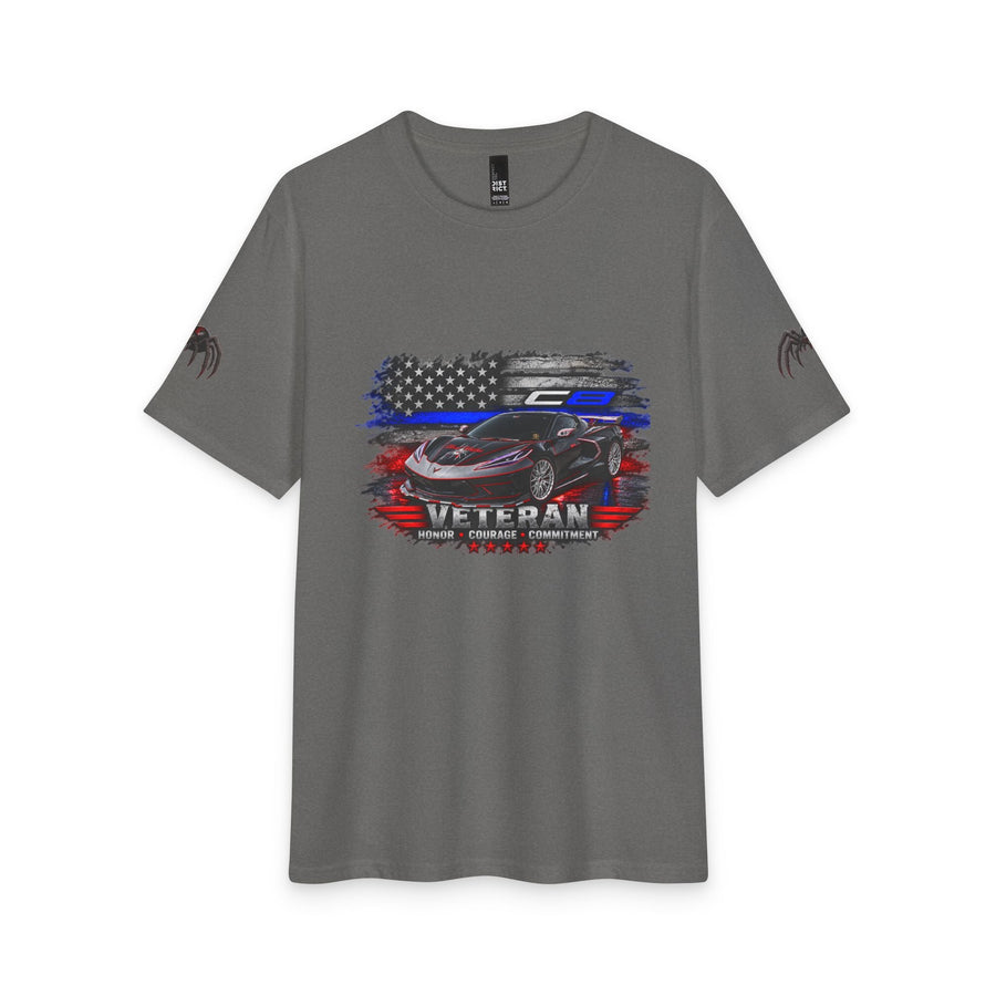 Black Widow Corvette silhouette with American flag on black patriotic tee shirt