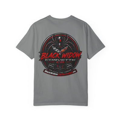 Black Widow Corvette C8 dad t-shirt with sleek car silhouette and soft garment-dyed cotton for Father's Day