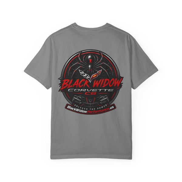 Black Widow Corvette C8 dad t-shirt with sleek car silhouette and soft garment-dyed cotton for Father's Day