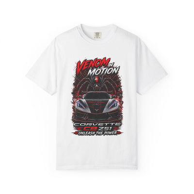 Venom in Motion Corvette C8 T-shirt with black widow and car graphic, heavyweight cotton tee