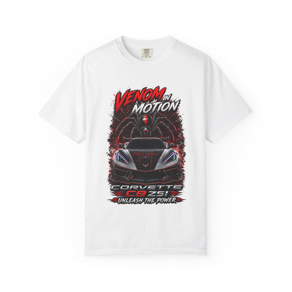 Venom in Motion Corvette C8 T-shirt with black widow and car graphic, heavyweight cotton tee