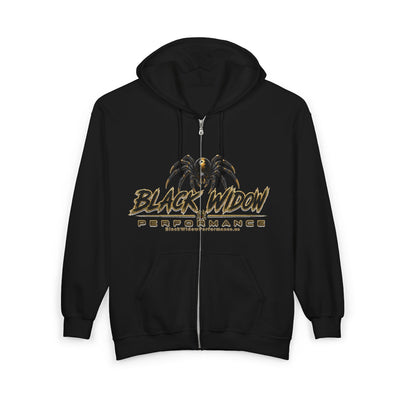 Black Widow full-zip hoodie in Saints colors with bold graphic and adjustable hood