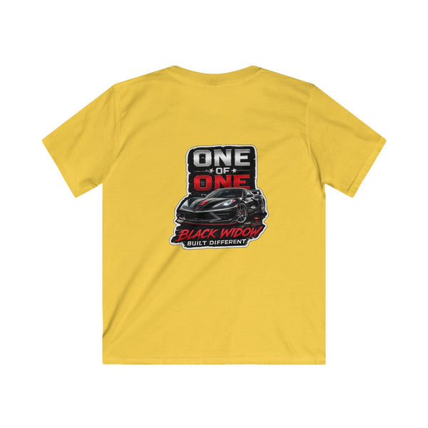 Kids C8 Corvette black lightweight tee with sports car graphic and durable ribbed collar