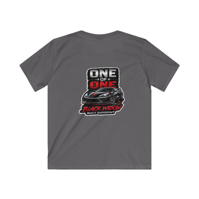 Kids C8 Corvette Black Widow tee with sleek sports car design on black fabric