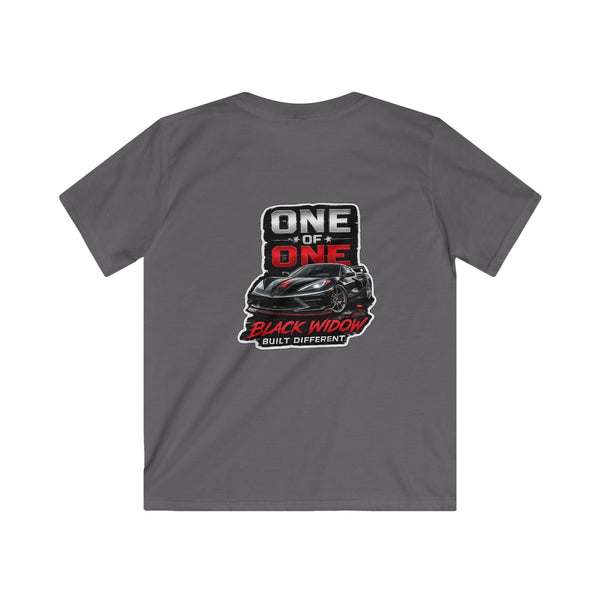 Kids C8 Corvette Black Widow tee with sleek sports car design on black fabric