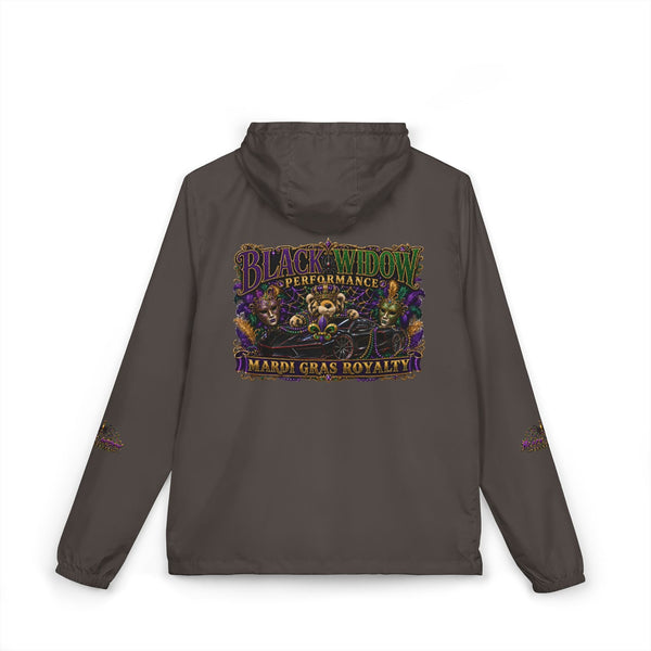 Black Widow Mardi Gras black windbreaker with "March Goes Insanity" graphic and pale camo design