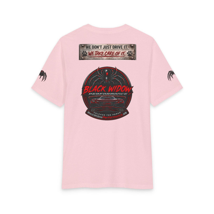 Black Widow Corvette Tee with stylized American flag silhouette on black fabric