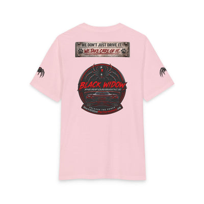 Black Widow Corvette Tee with stylized American flag silhouette on black fabric