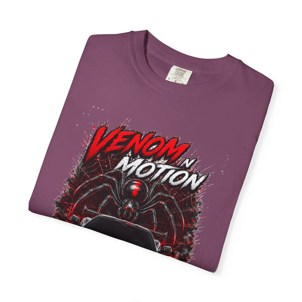 Venom in Motion Corvette C8 T-shirt with black widow and coiled spider graphic, heavyweight cotton, relaxed fit