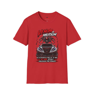 Black Widow Performance Venom in Motion Corvette tee with racing spider graphic on black crewneck shirt