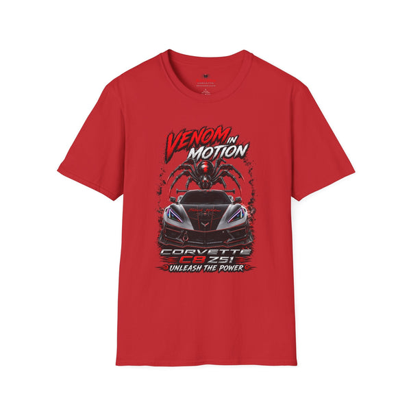 Black Widow Performance Venom in Motion Corvette tee with racing spider graphic on black crewneck shirt