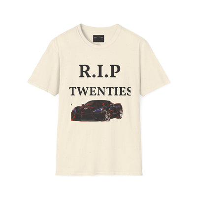 Black Widow Corvette R.I.P. Twenties T-shirt with vintage 1920s nostalgic design and size guide table