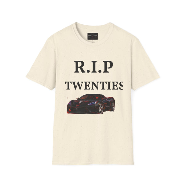 Black Widow Corvette R.I.P. Twenties T-shirt with vintage 1920s nostalgic design and size guide table