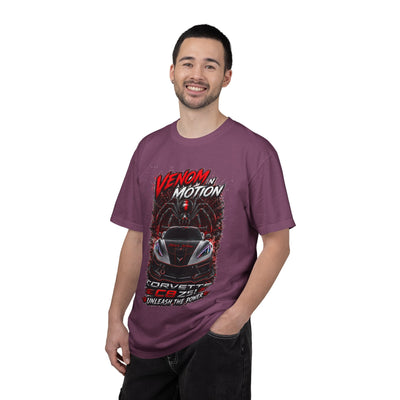 Venom in Motion Corvette C8 T-shirt with Black Widow Performance graphic on black heavyweight cotton