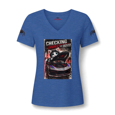 Checking Under The Hood Tee — Women's V-Neck Cat & Sports Car Graphic
