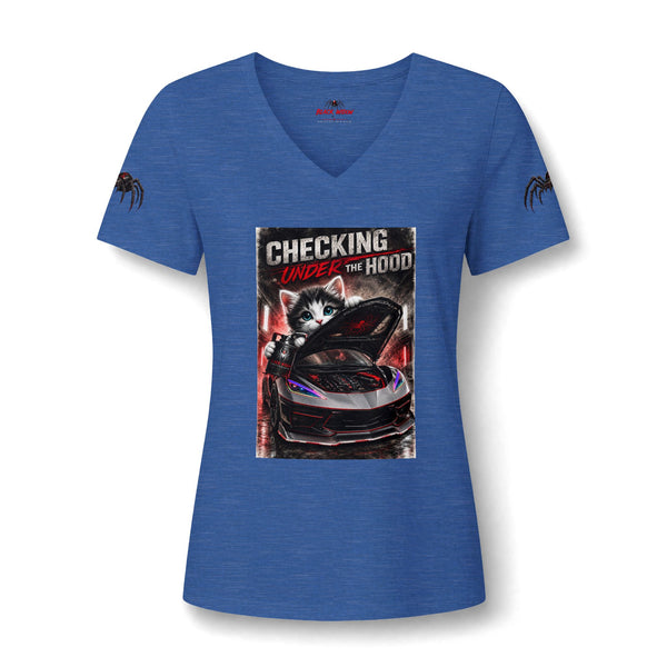 Checking Under The Hood Tee — Women's V-Neck Cat & Sports Car Graphic