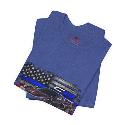 Black Veteran Corvette C8 Tee with Black Widow Performance graphic, lightweight breathable cotton, available in sizes S to 3XL